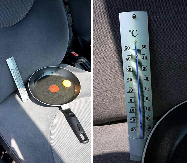 Someone showed what happens to an egg left in a parked car for some time on a hot day