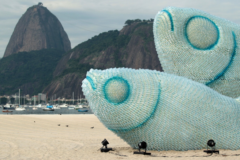 A sculpture made entirely from plastic bottles on one of the beaches of Rio de Janeiro