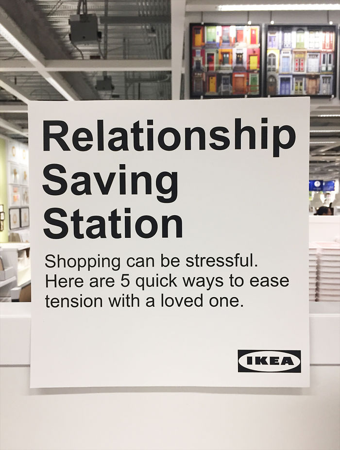 Few things can strain a marriage quite like a trip to IKEA, which is probably why this funny “Relationship Saving Station” recently popped up in one of the famous flat-pack furniture stores in Burbank, California.
